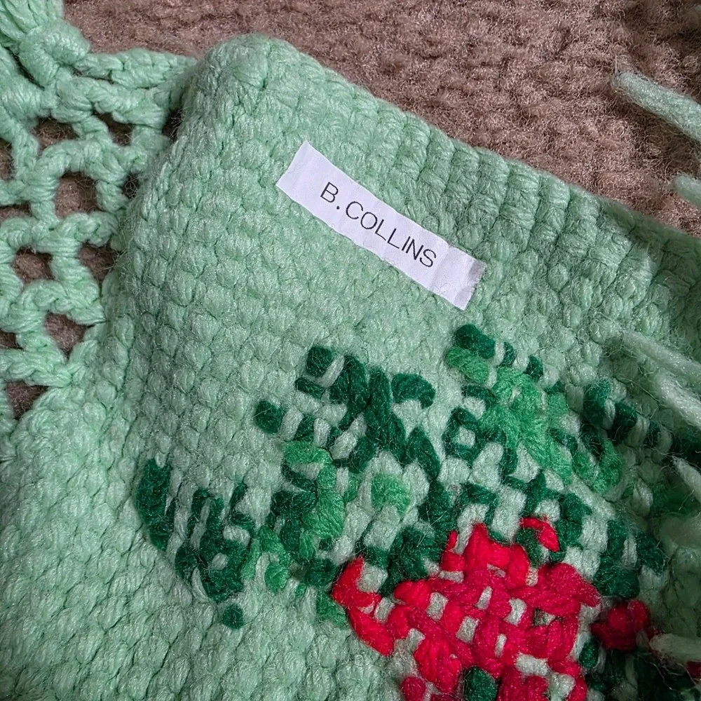 Handmade Afghan Throw Blanket Mint Green Red Rose Cross Stitch Fringe 60x71